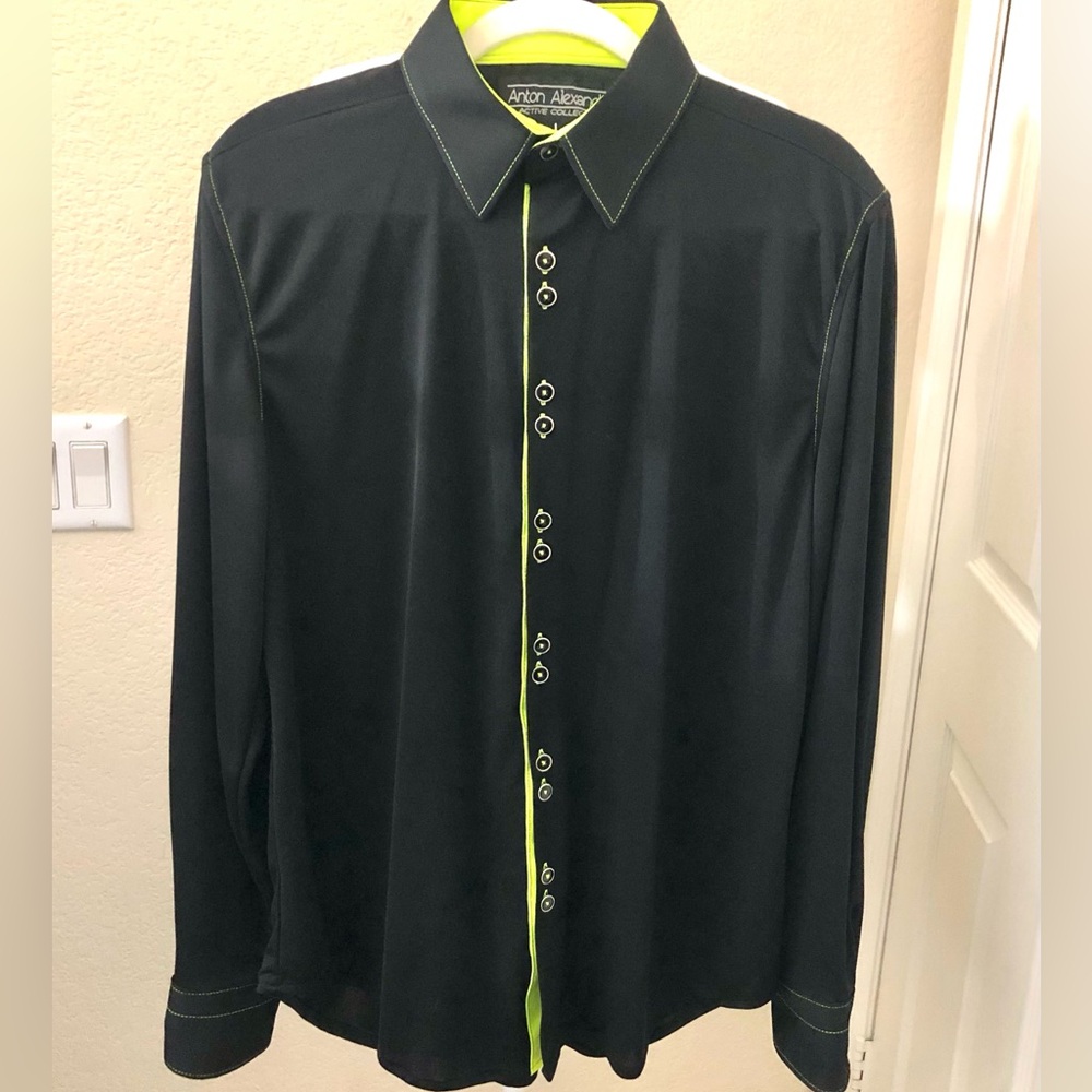 Anton Alexander Active Black Dress Shirt with Neon Lime Trim
